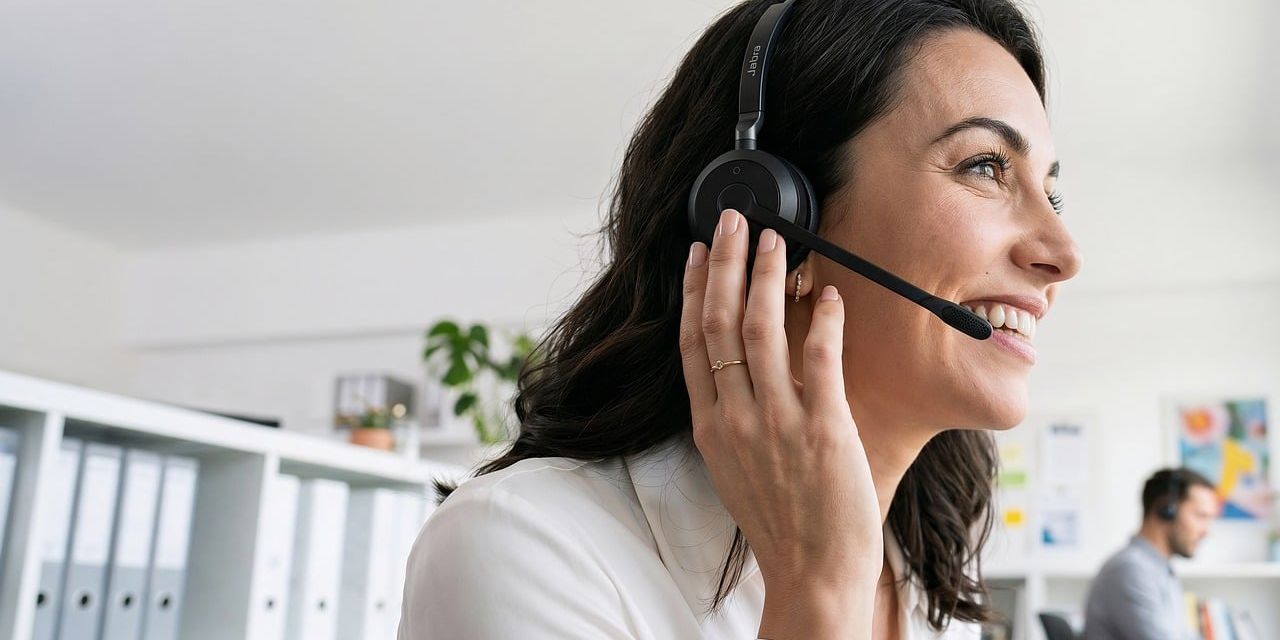Operadora de atención al cliente con auriculares